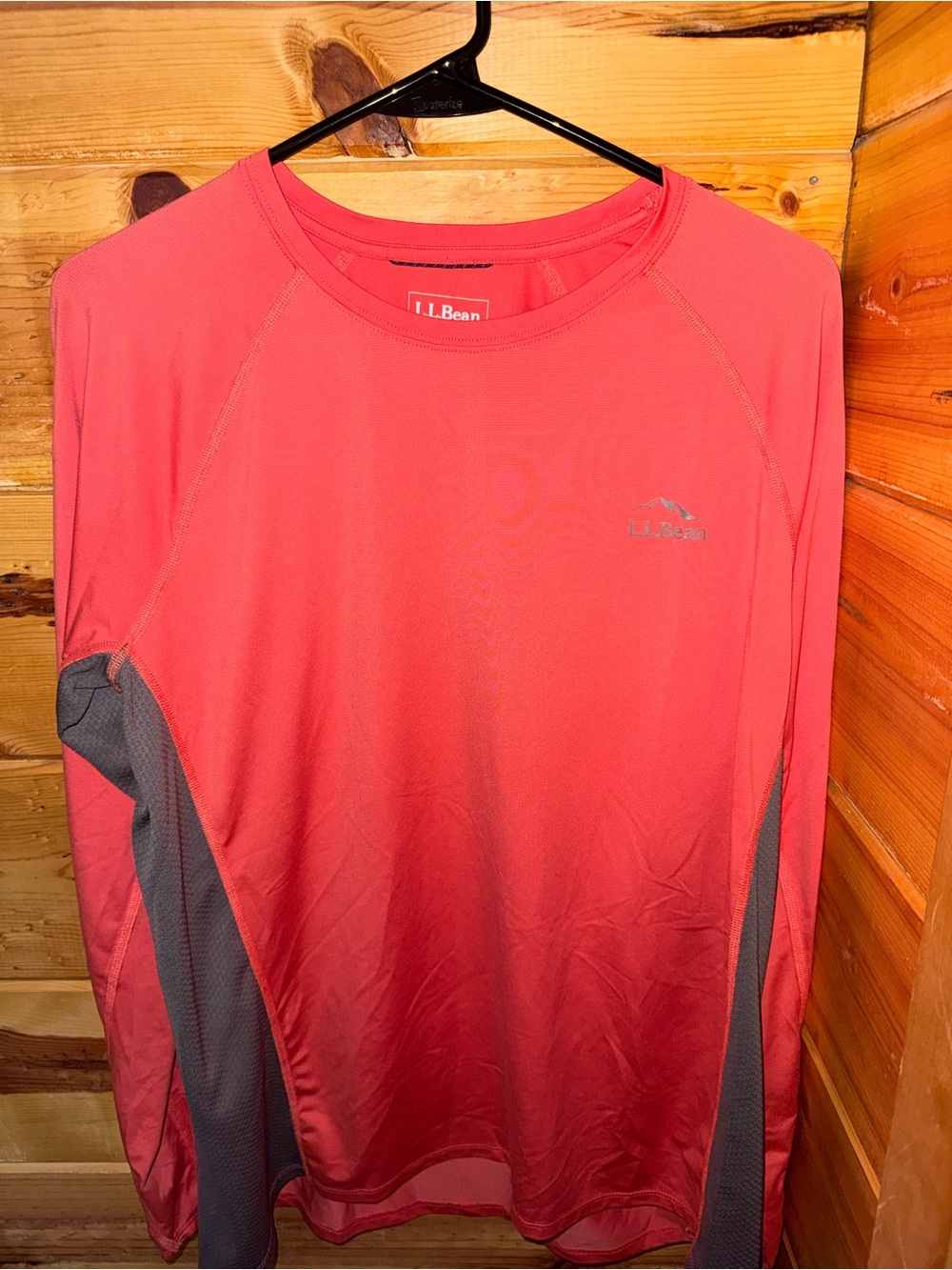 L.L. Bean Coral Long-Sleeve Performance Shirt with Gray Panels